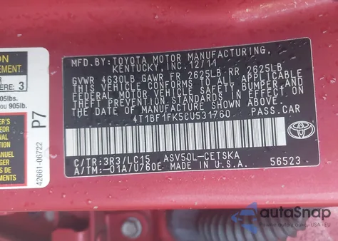 2012 Toyota Camry Se из США, поврежденный, VIN 4T1BF1FK5CU531760